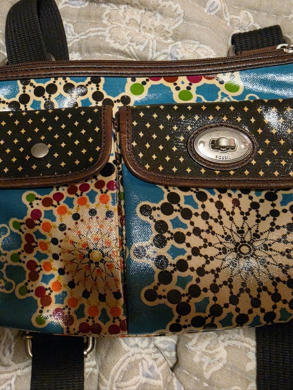 Fossil Teal Multicolor Printed Crossbody Bag with Brown Trim
